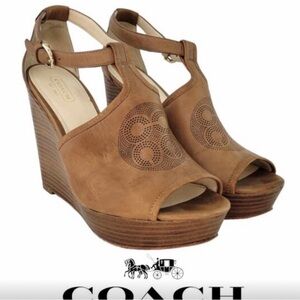 AUTHENTIC COACH Juday Open Toe Wedges Women's Sz 7.5B - Luggage